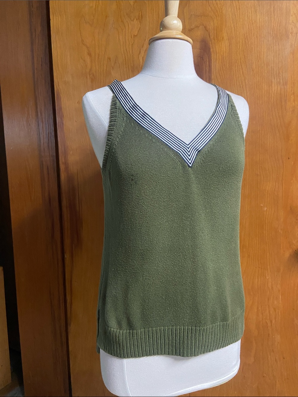 J. Crew Olive Green Sleeveless V-Neck Tank Top with Striped Ribbon Trim S